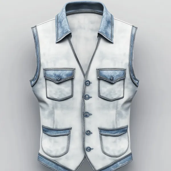 Men's Denim Patchwork Turndown Collar V Neck Single Breasted Flap Pocket Vest