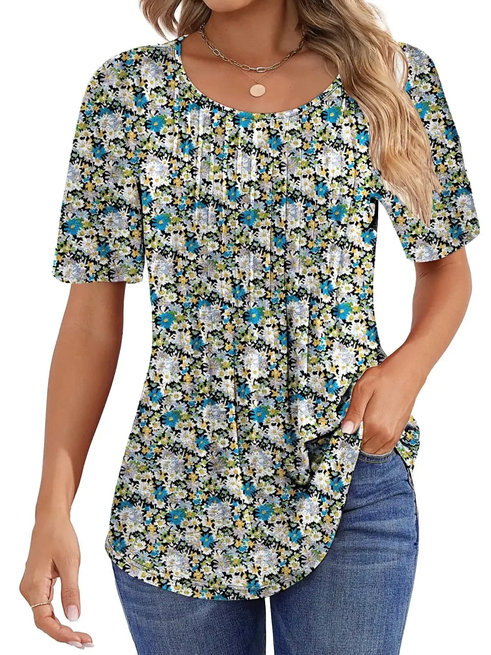 📣Women Summer Pleated Short Sleeve Tunic Blouses Tops