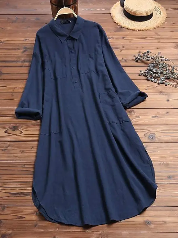 Women‘s Casual Dress Cotton Dress Shirt Dress Swing Dress Midi Dress Blue Yellow Red Long Sleeve Pure Color Pocket Summer Fall Spring Shirt Collar Basic Daily Weekend Loose Fit 2023 S M L XL XXL 3XL