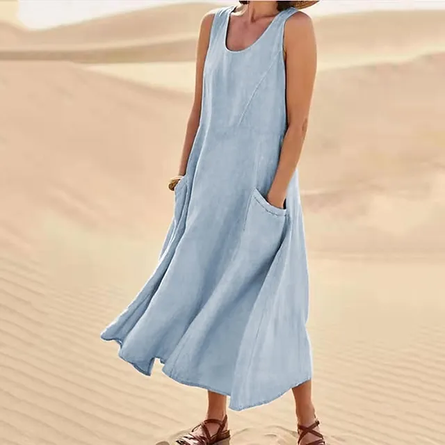 Women‘s Casual Dress Cotton Dress Shift Dress Midi Dress Blue Pink Khaki Sleeveless Pure Color Pocket Spring Summer Crew Neck Basic Daily Vacation Weekend Loose Fit 2023 S M L XL XXL