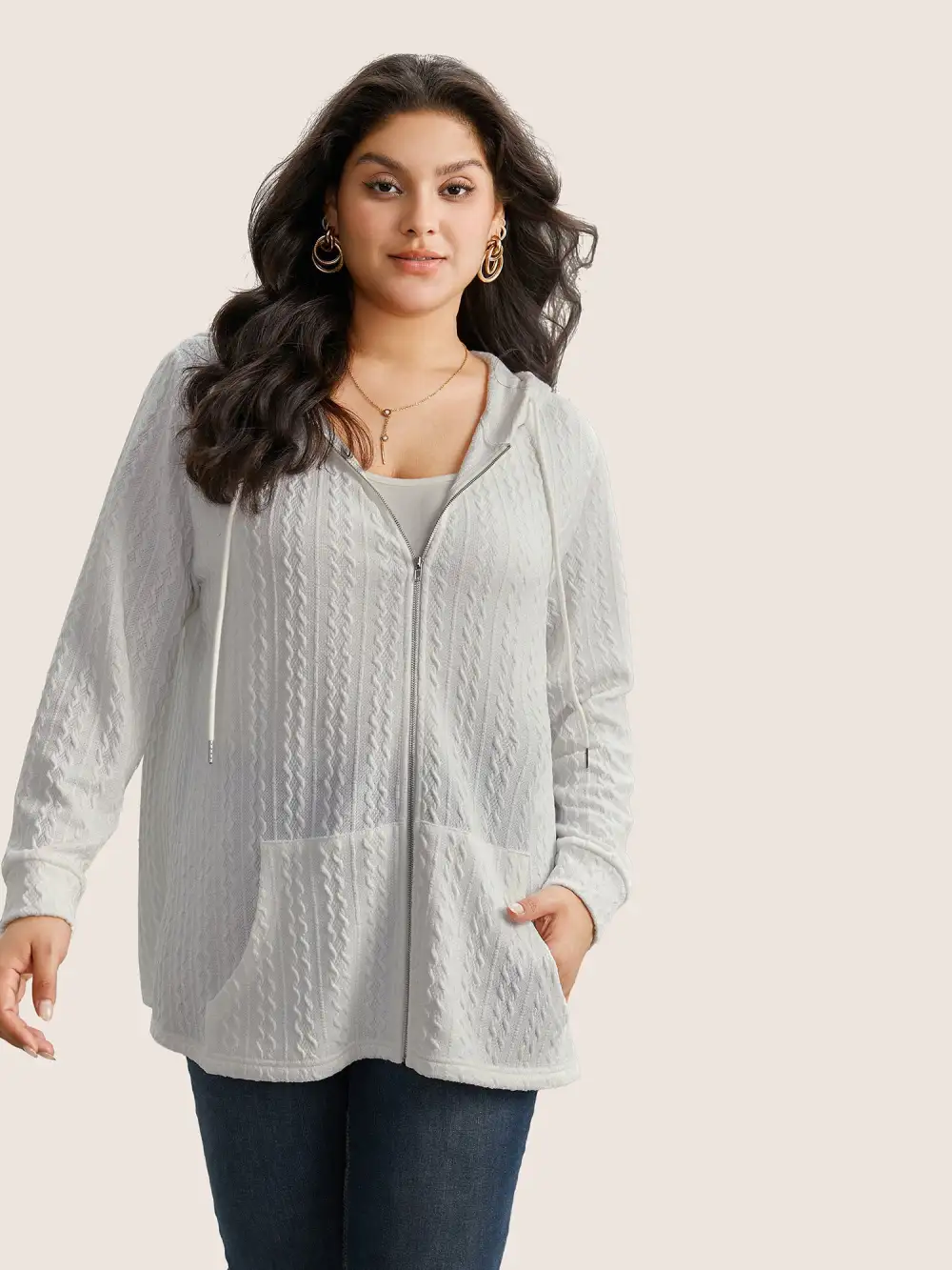 Plain Textured Zipper Hooded Sweatshirt