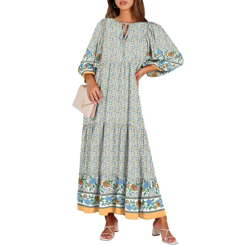Boho Summer Maxi Dress for Women – Floral Puff Sleeve Vacation Sundress