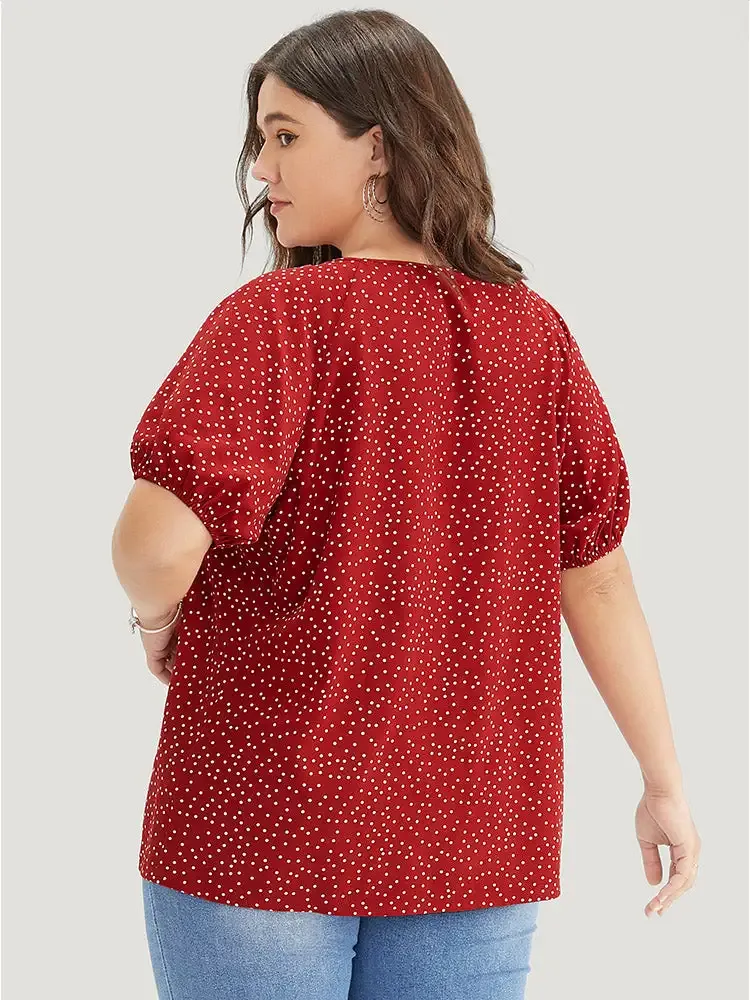 Polka Dot Pleated Round Neck Puff Sleeve Blouse