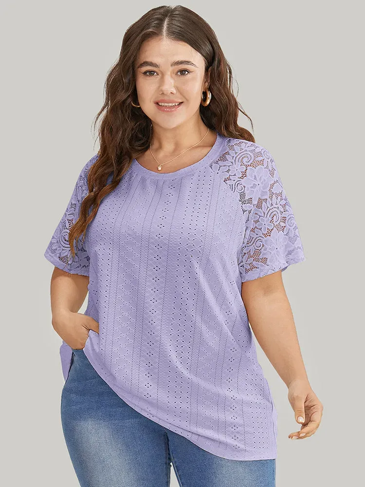 Solid Broderie Anglaise Lace Raglan Sleeve T-shirt