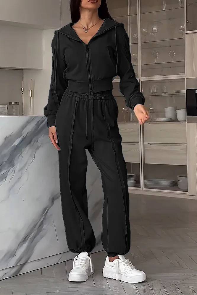 Women's Solid Color Laundry Zipper Jacket & Pants Two Piece Set