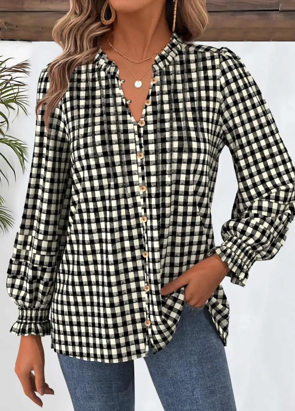 Black Tummy Coverage Plaid Long Sleeve Split Neck Shirt