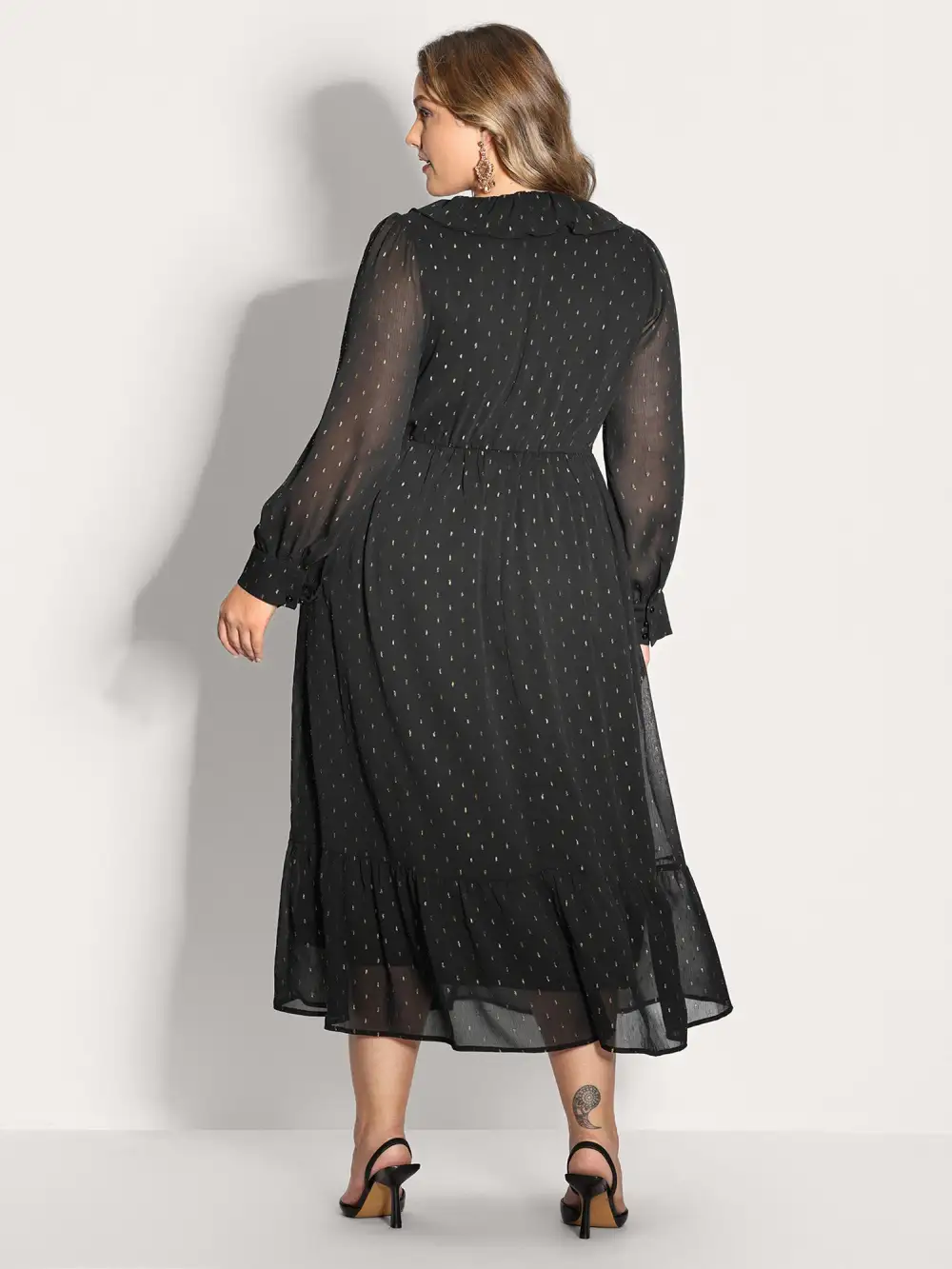 Gold Stamp Ruffled Neck Maxi Dress