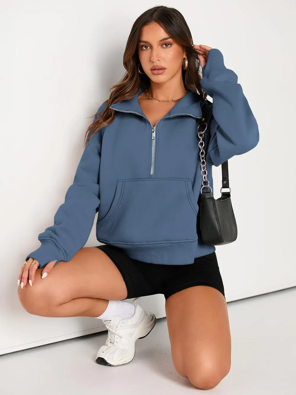 Womens Sweatshirts Half Zip Cropped Pullover Fleece Quarter Zipper Hoodies Fall outfits Clothes Thumb Hole