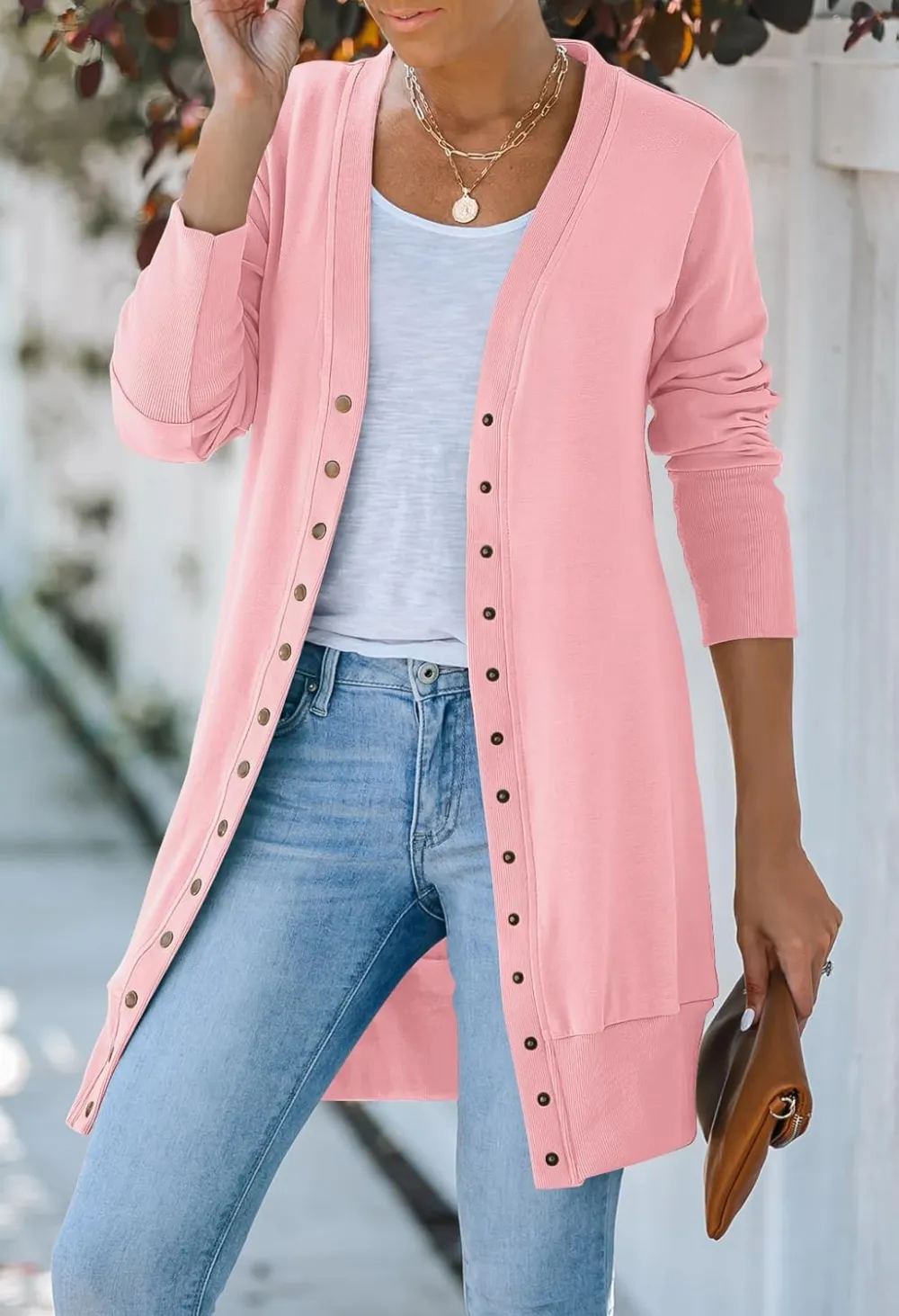 Women's 2024 Fall Long Sleeve Snap Button Down Solid Color Knit Ribbed Neckline Cardigans