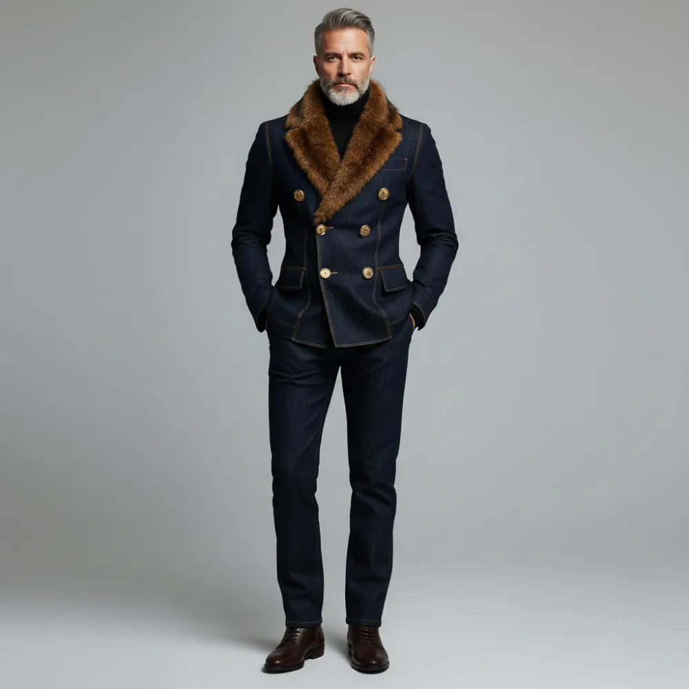 Men's Navy Blue Furry Collar Double Breasted Long Sleeve Denim Blazer