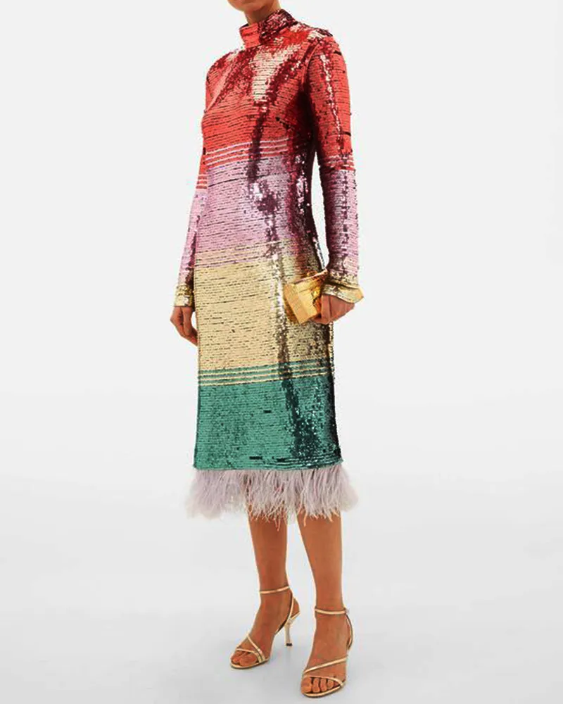 Feather sequined multicolor dress