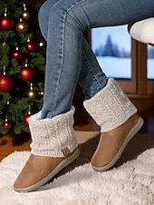 Women's Brown Faux Suede Winter Ankle Boots – Knit Cuff Button Detail, Plush Lining, Cozy Indoor & Outdoor Casual Footwear