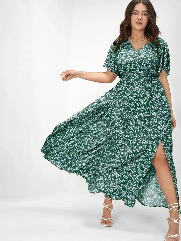 Bloom Dress - Flutter Sleeve Ditsy Floral Pocket Split Maxi Dress