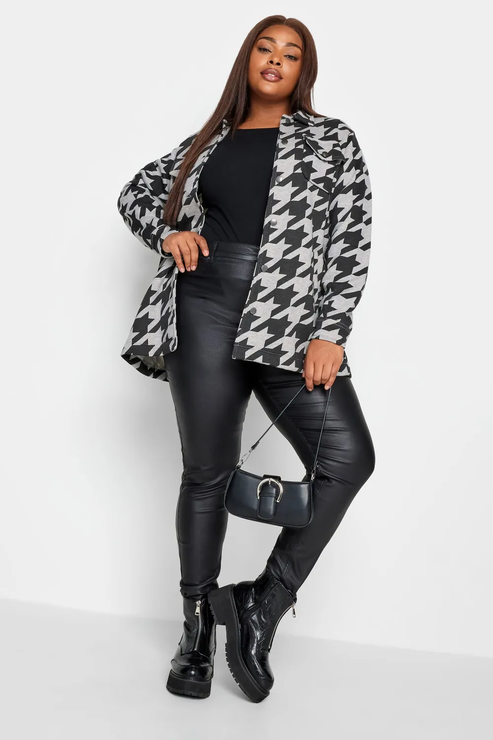 YOURS Curve Grey Dogtooth Check Shacket
