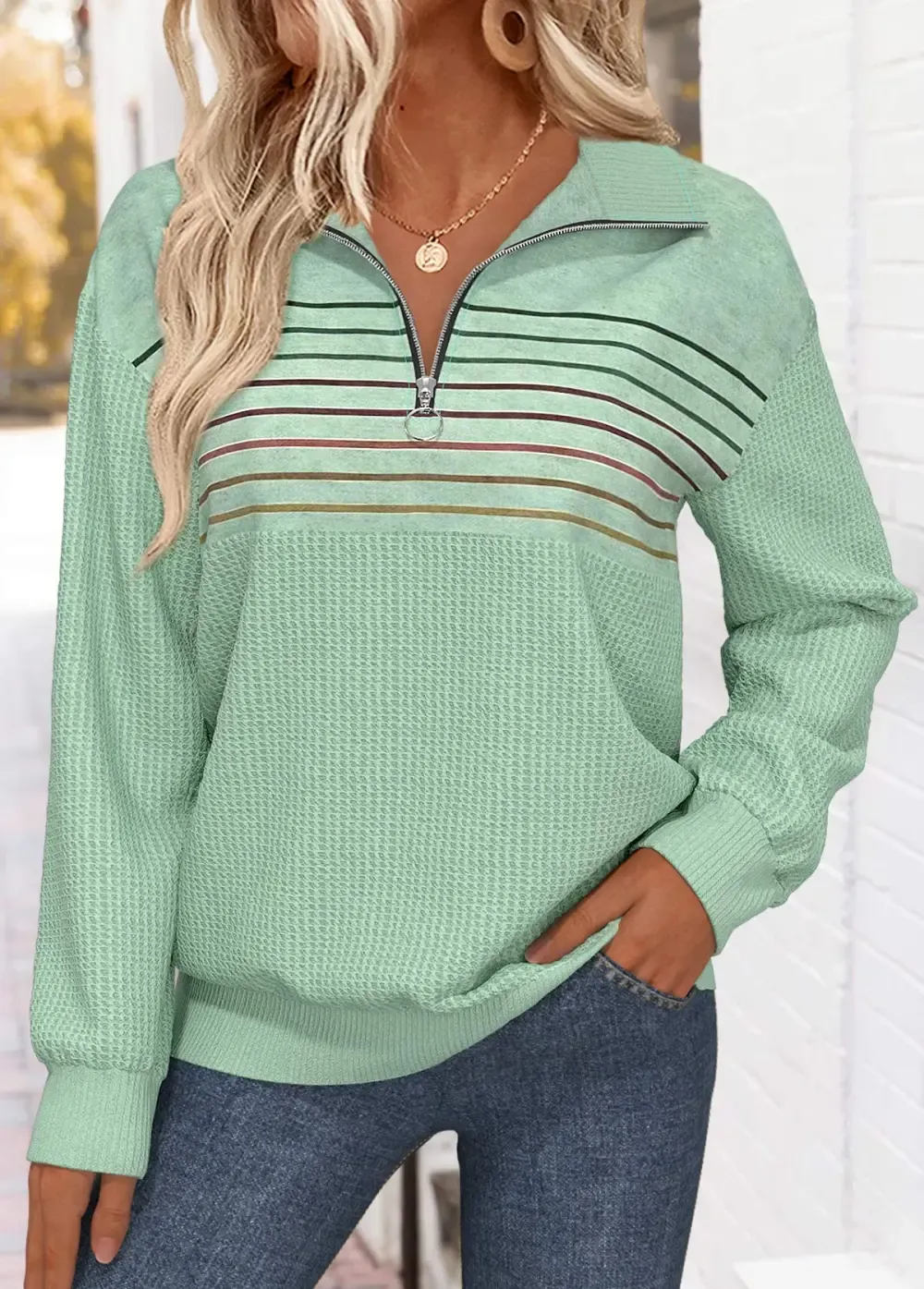 Sage Green Tummy Coverage Striped Long Sleeve Sweatshirt
