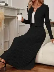 Women's 2pcs Set, Casual Crew Neck Long Sleeve Knit Cardigan And Maxi A-Line Dress, Solid Color Polyester Knit Fabric, Stretch Fit, Fall/Winter Collection