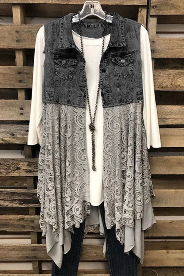 Denim Tank Top Lace Hem Dress