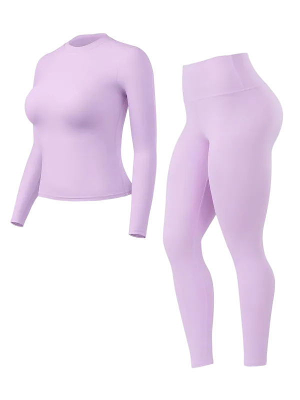 Women's Solid Long Sleeve Tee & High Waist Leggings Sportswear Set