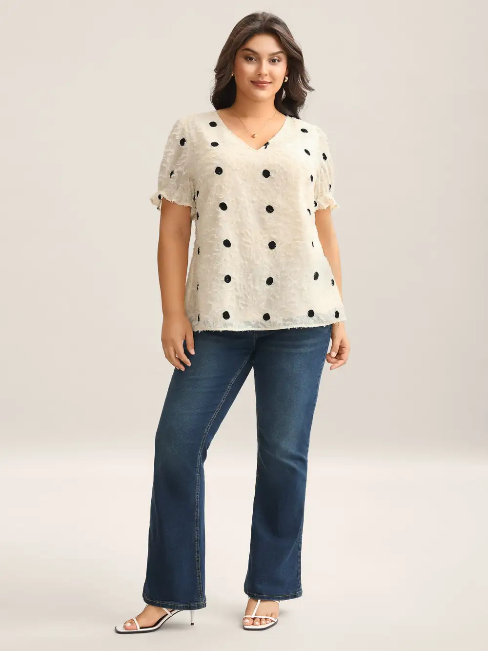 Textured Dots V-Neck Puff Sleeve Blouse