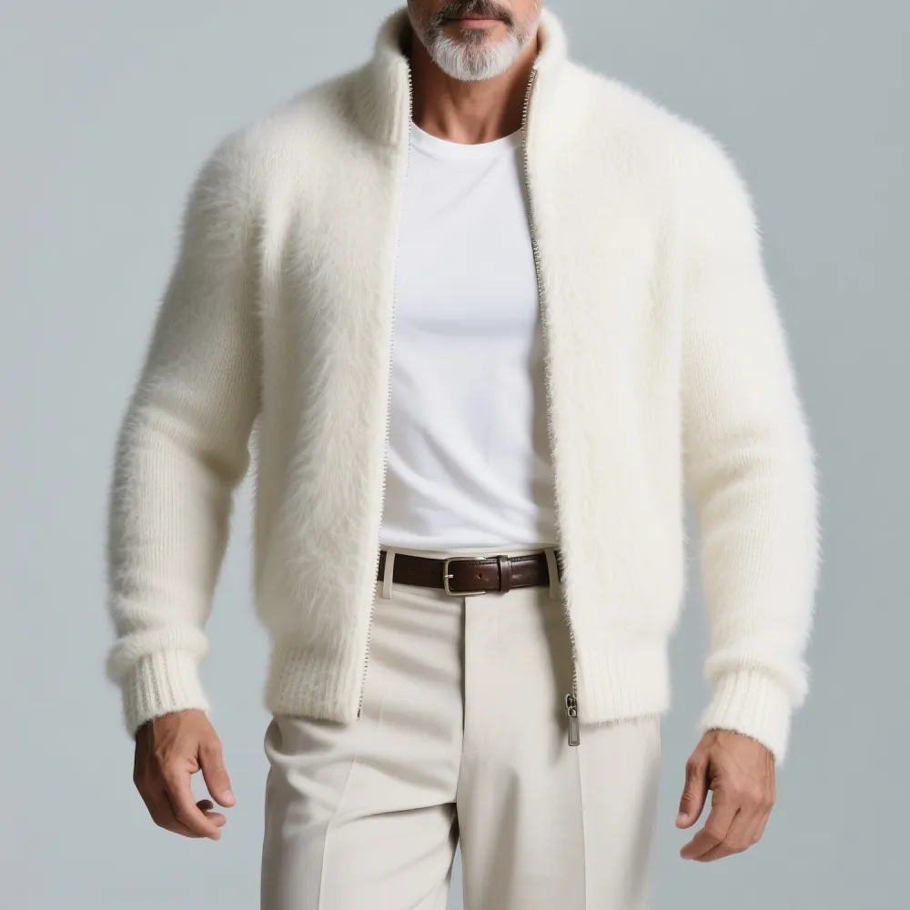 Men's High Neck Long Sleeve Zip-Up Plush Knitted Sweater Jacket