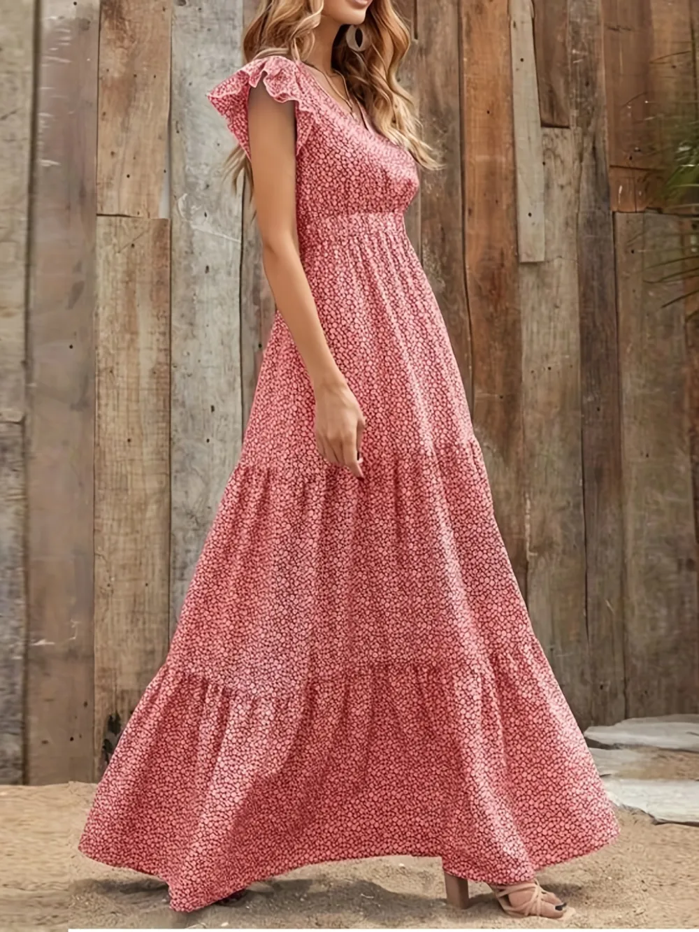 Ditsy Floral Print High Waist Dress, Elegant Ruffle Trim Sleeveless V Neck Maxi Dress, Women's Clothing