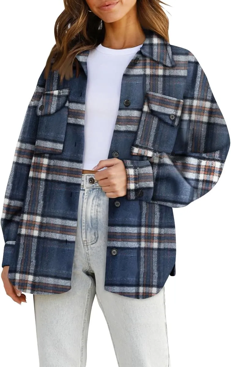 Womens Fall Outfits Fashion Clothes Shackets Flannel Plaid Button Down Long Sleeve Shirts Jackets 2024
