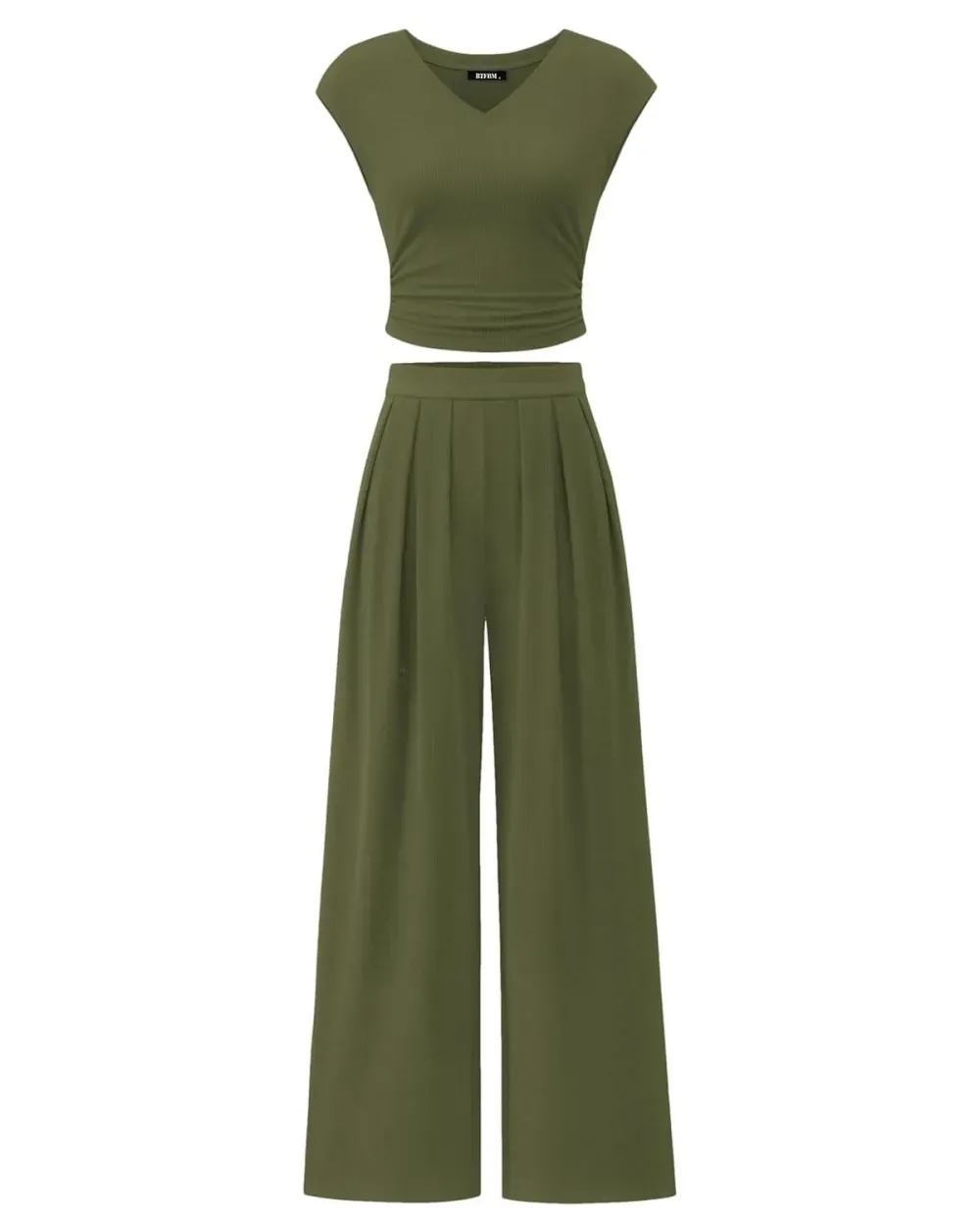 ✨Women's casual ribbed knit suit V-neck short sleeve with wide-leg pants