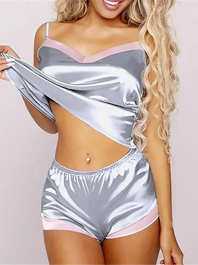 Women's Pajamas Pajama Top and Pant Sets Pure Color Fashion Casual Soft Home Daily Bed Satin Breathable Straps Sleeveless Strap Top Shorts Backless Summer Spring Silver Black