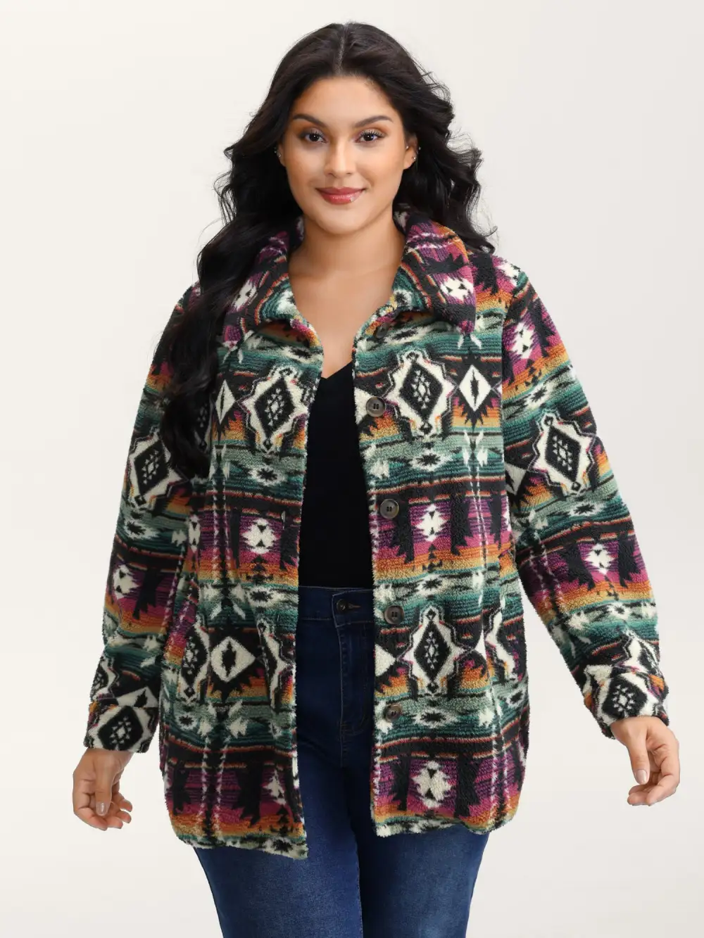 Geometric Velvet Button Pockets Coat