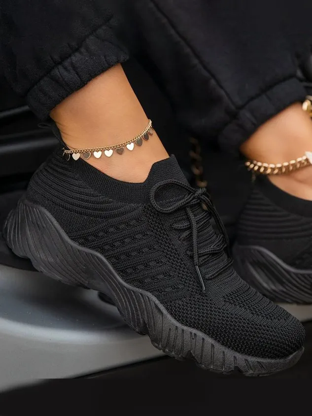 Mesh Platform Solid Color Lace-Up Flyknit Lightweight Soft Sole Slip-On Sneakers（⚡Clearance Sale）