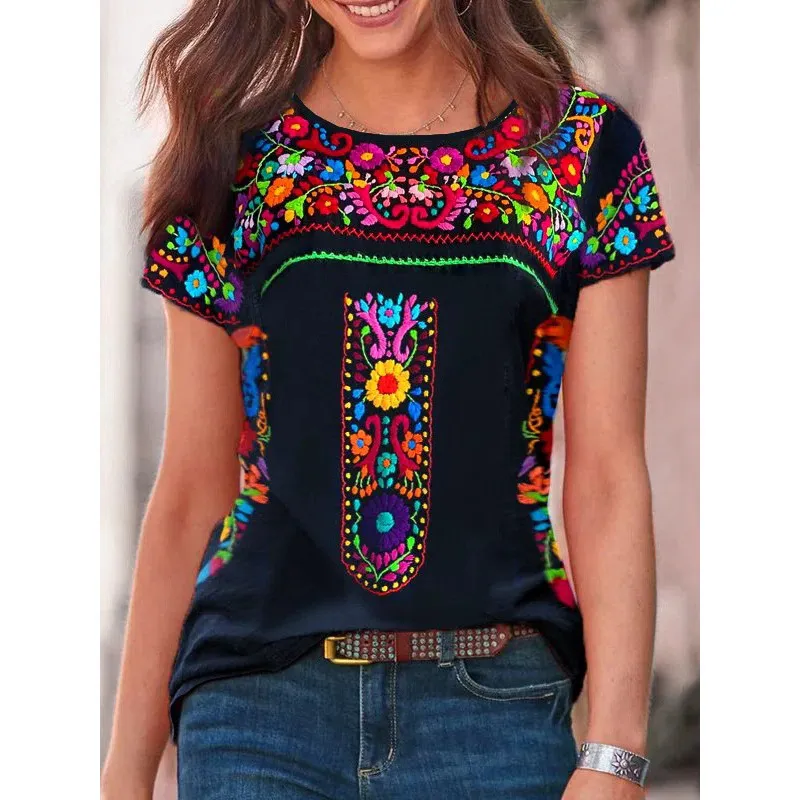 Summer new women's boho round neck short sleeve top