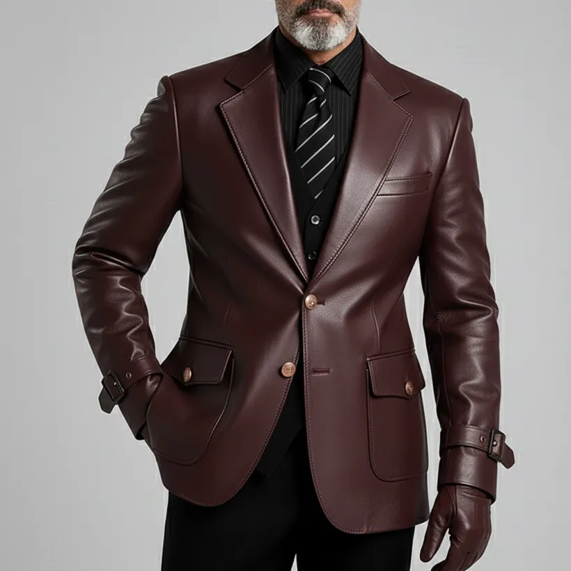 Men's Dark Brown Notched Lapel Long Sleeve Two Button Flap Pockets Buckle Cuffs PU Leather Blazer