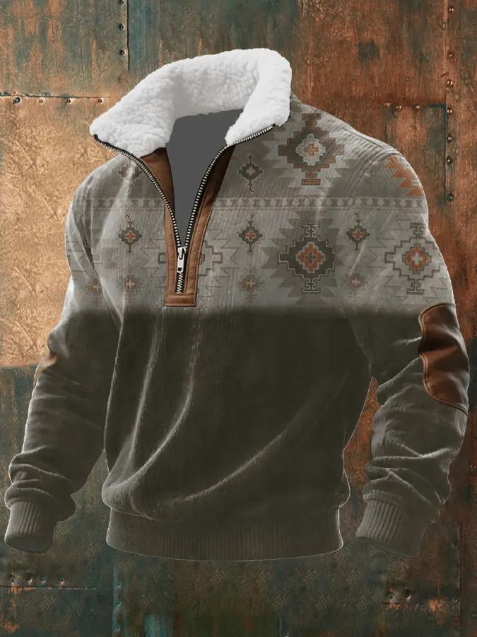 Men's Retro Western Print Knit Fabric Zipper Fur Collar Long Sleeve Sweatshirt