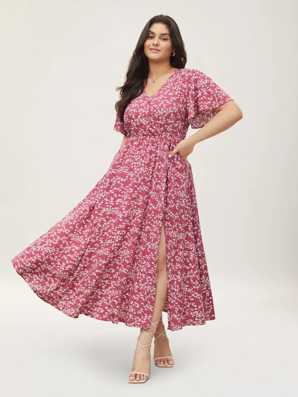 Bloom Dress - Flutter Sleeve Ditsy Floral Pocket Split Maxi Dress