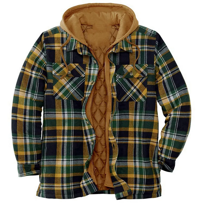 Mens Winter Plaid Thick Casual Hoodie Jacket