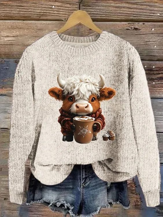 Women's Cute Highland Cow Print Knitted Crew Neck Sweater