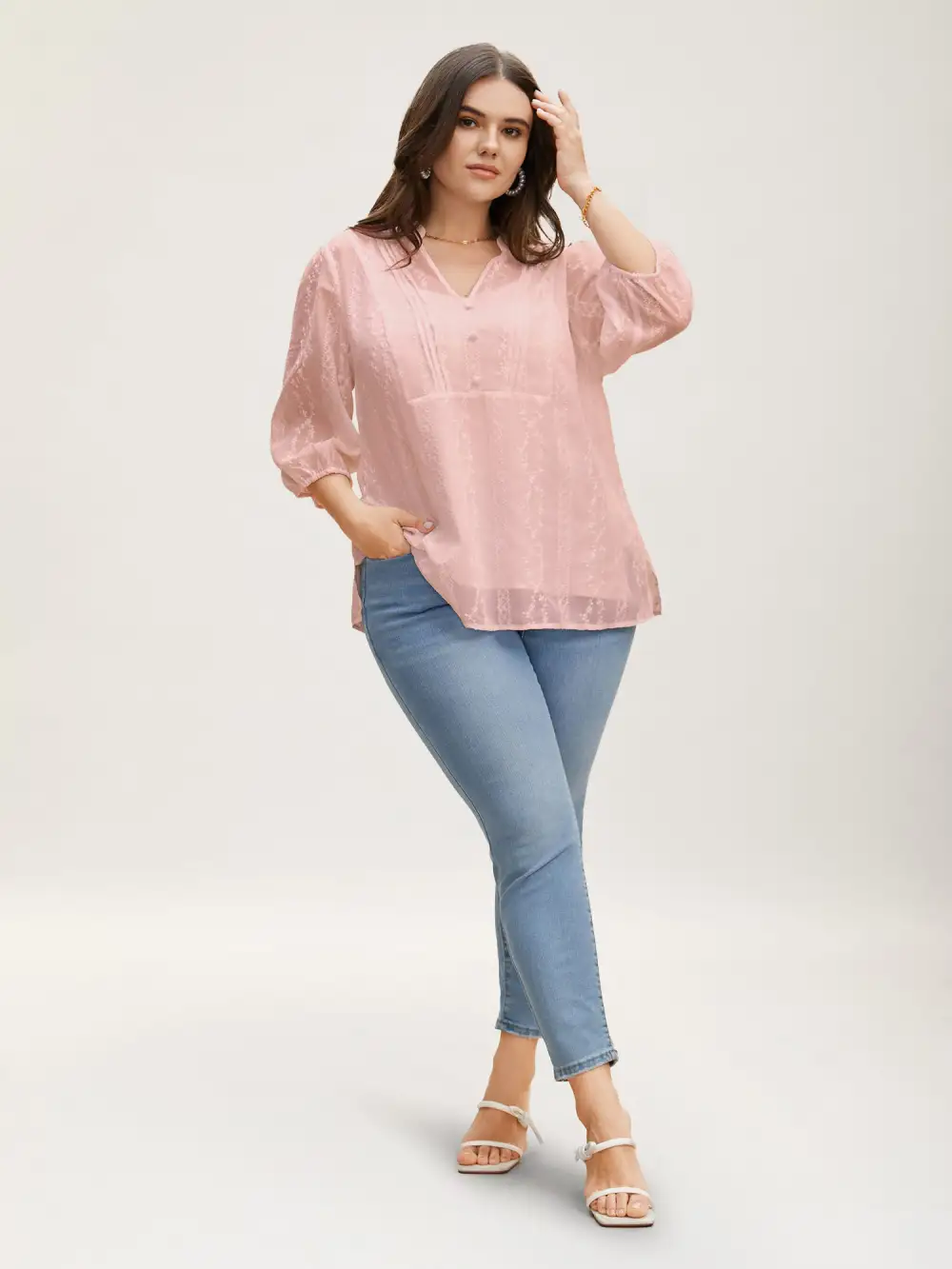 Texture Mesh Button Detail Tucked Seam Blouse