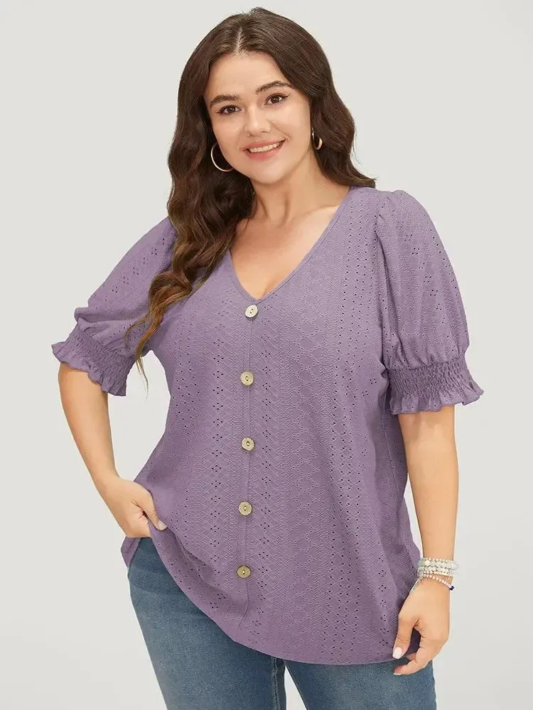 Plain Broderie Anglaise Shirred Puff Sleeve Button Detail T-shirt