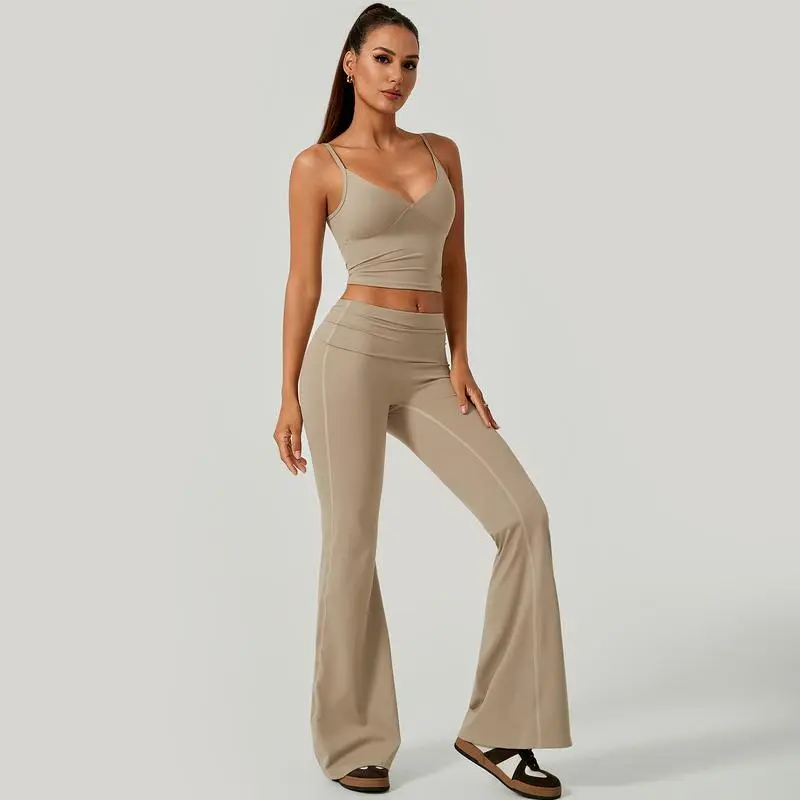 Women's 2-Piece Deep V Crop Cami & Flared Pants Set