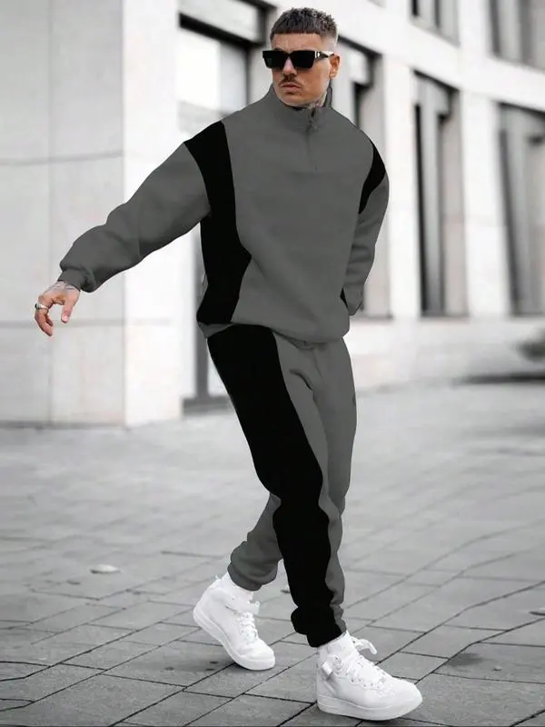 Men’s Colorblock Sweatshirt & Pants Set – Casual Fall & Winter Outfit