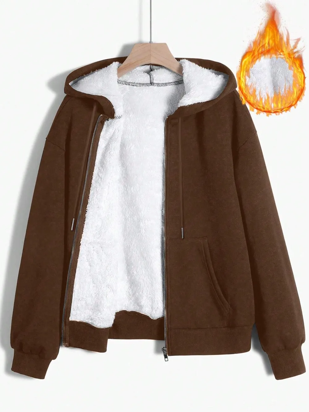 Drop Shoulder Zip Up Drawstring Thermal Hoodie
