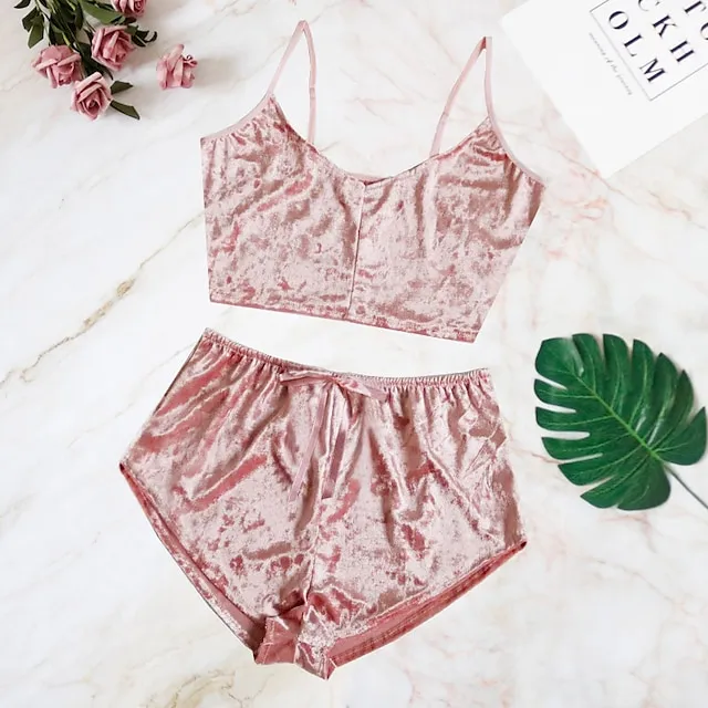 Women's Pajamas Sets Nighty 1 set Pure Color Simple Hot Retro Xmas Home Party Christmas Daily Spandex Gift Sleeveless Strap Top Shorts Basic Spring Summer Black Pink / Sexy