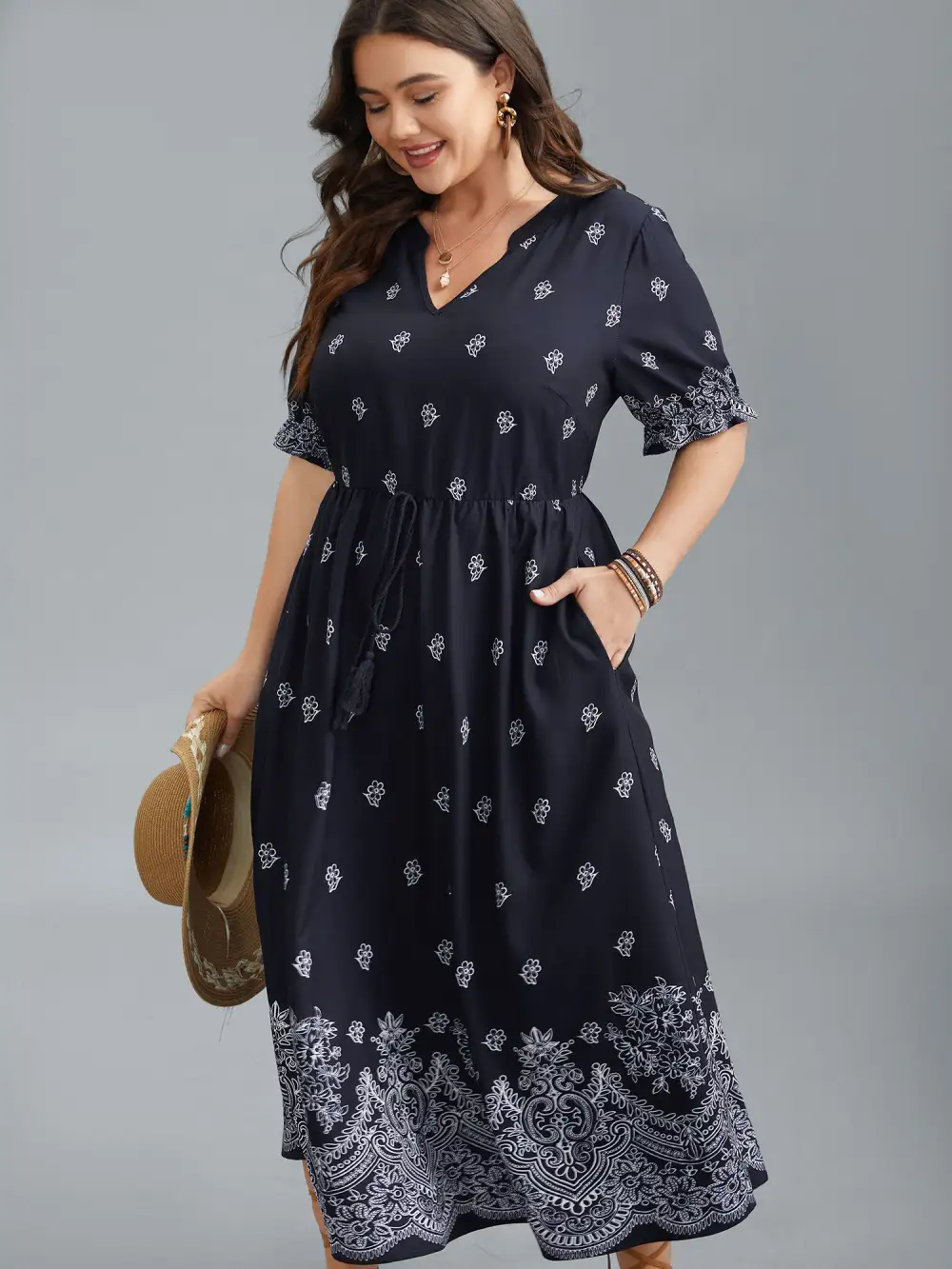 Floral Waist-Tie Notched Collar Midi Dress