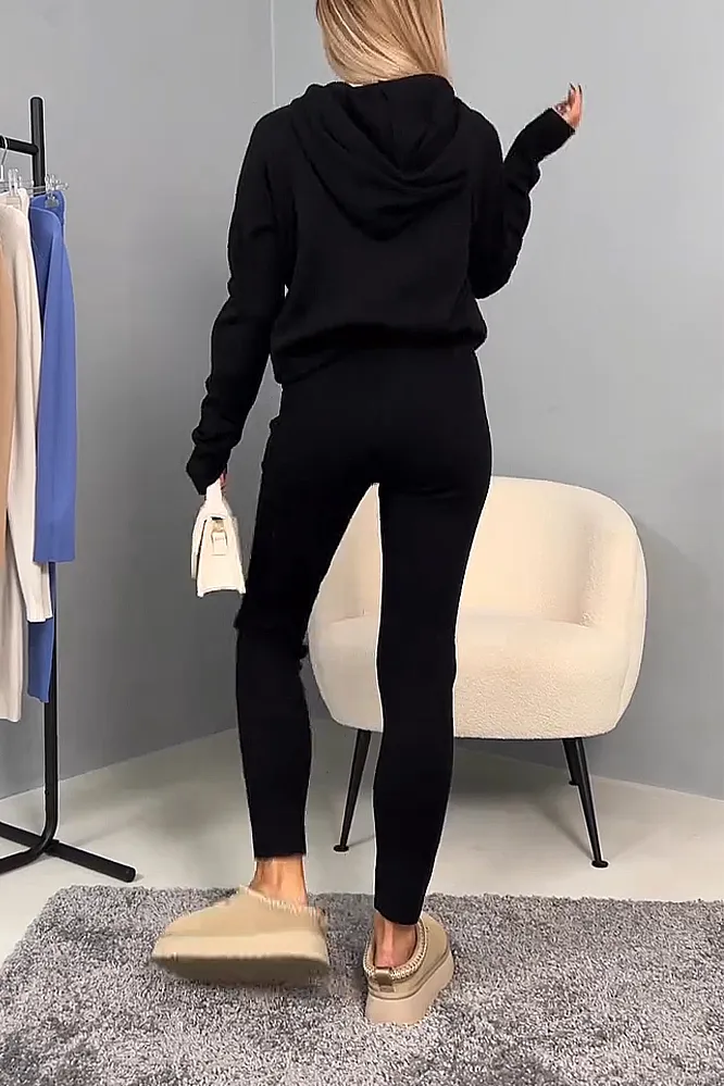 Women's solid color knitted top and pants two-piece set
