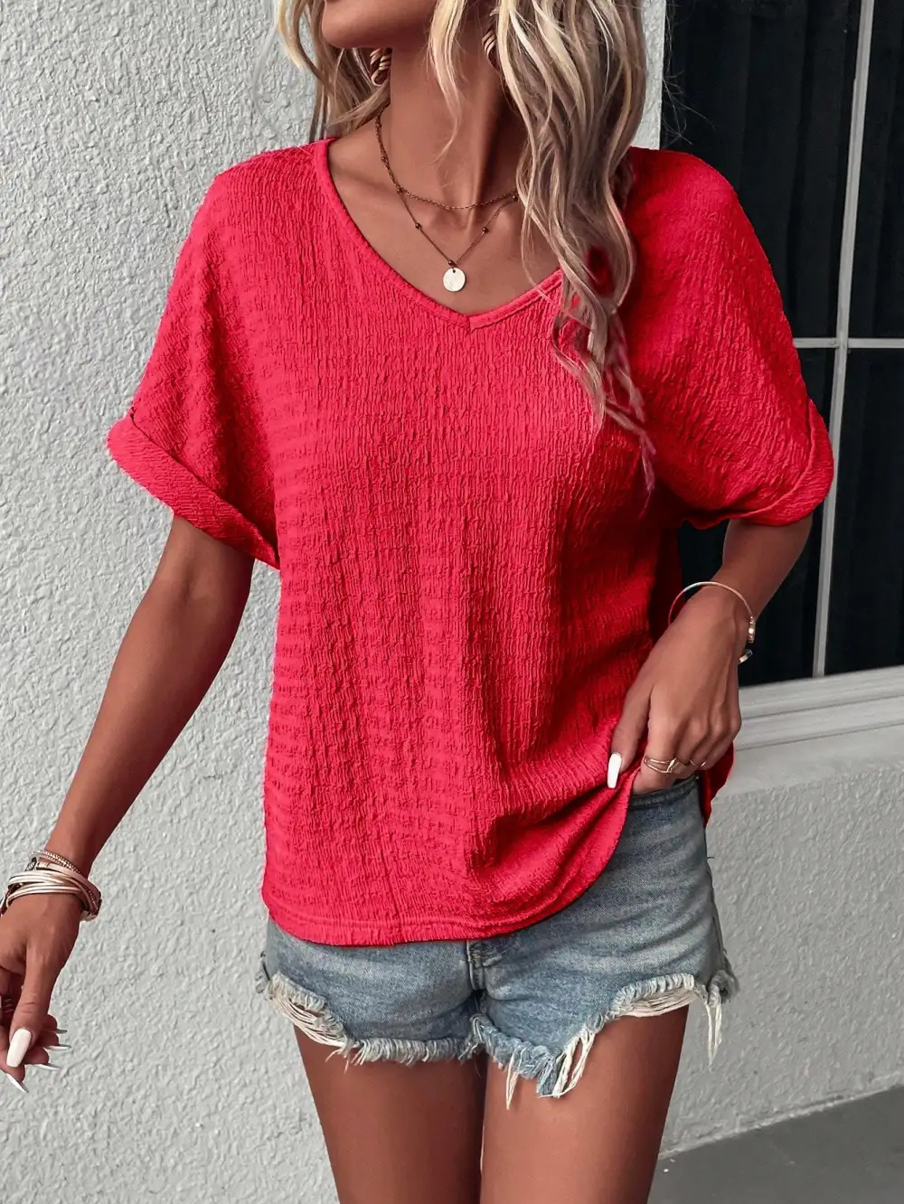 Solid Batwing Sleeve V Neck Blouse