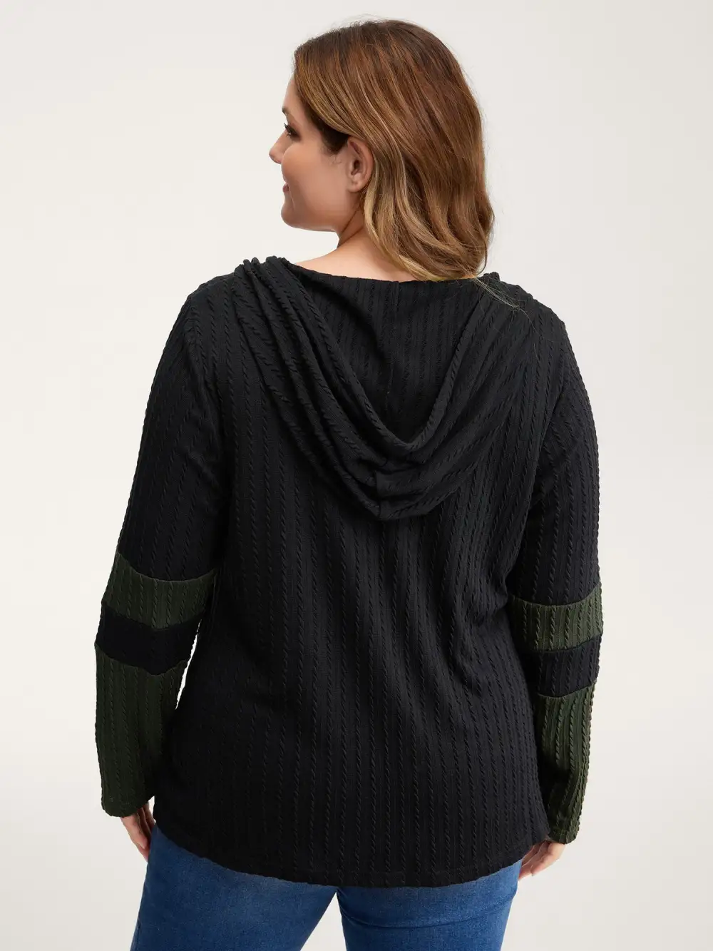 Textured Color Contrast Half-Zipper Hoodie