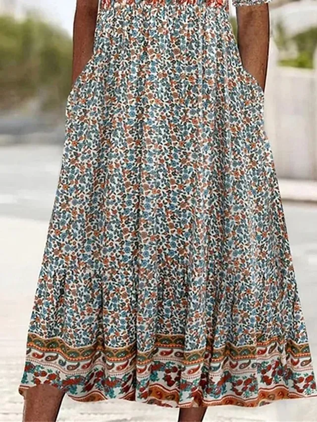 Women's Casual Dress Summer Dress Boho Dress Floral Ruched Pocket Crew Neck Midi Dress