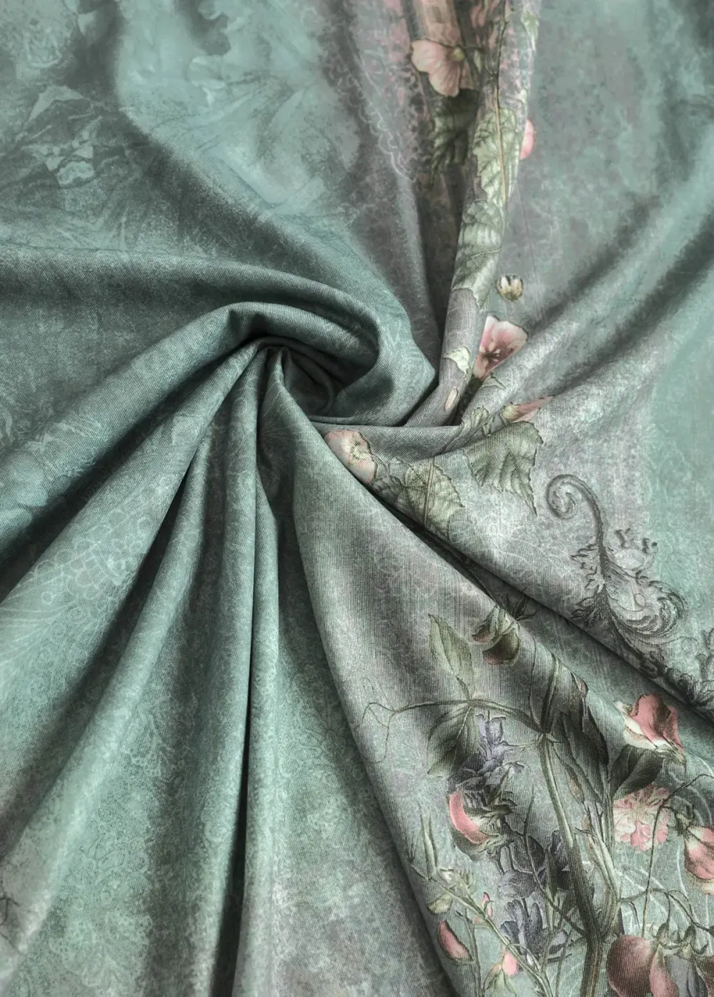 Sage Green Tuck Stitch Random Floral Print T Shirt