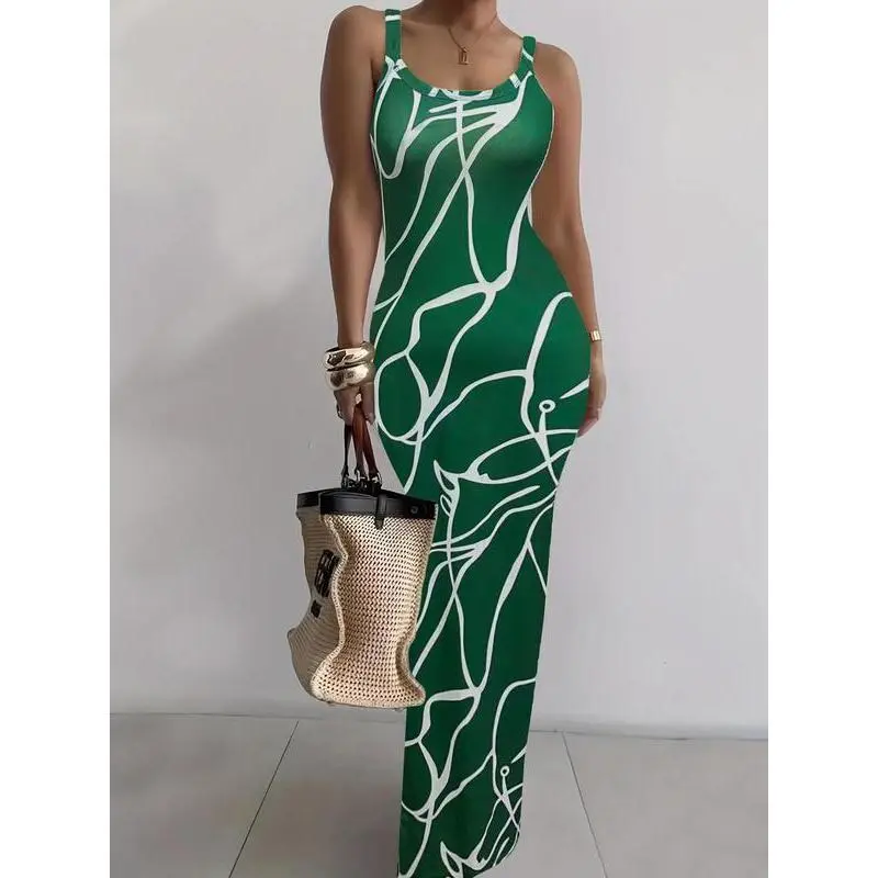 Women's Sleeveless Bodycon Maxi Dress – Printed Summer Beachwear