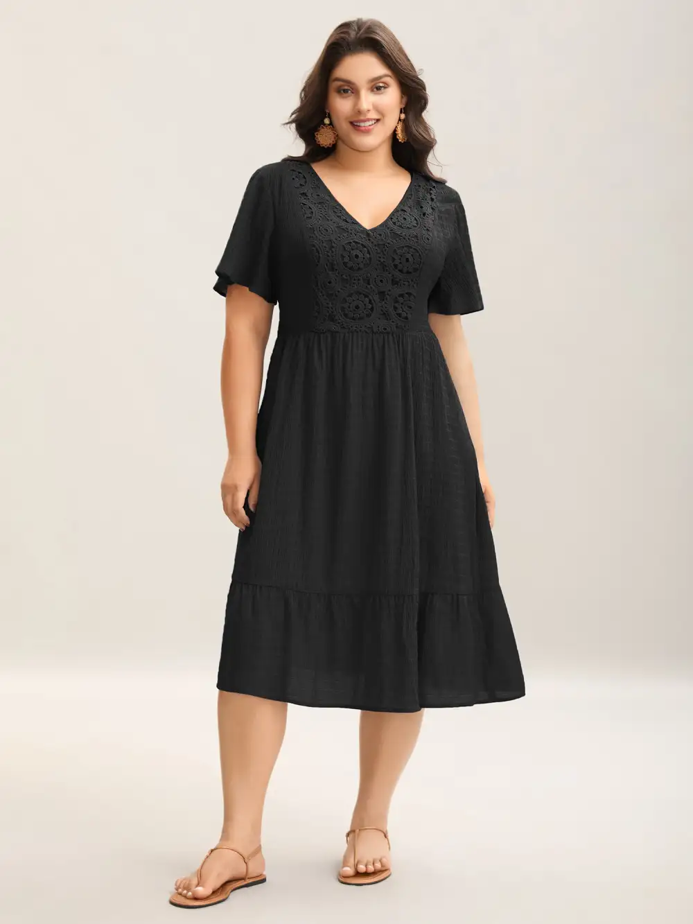 Lace Textured Pockets Tiered Midi Dress